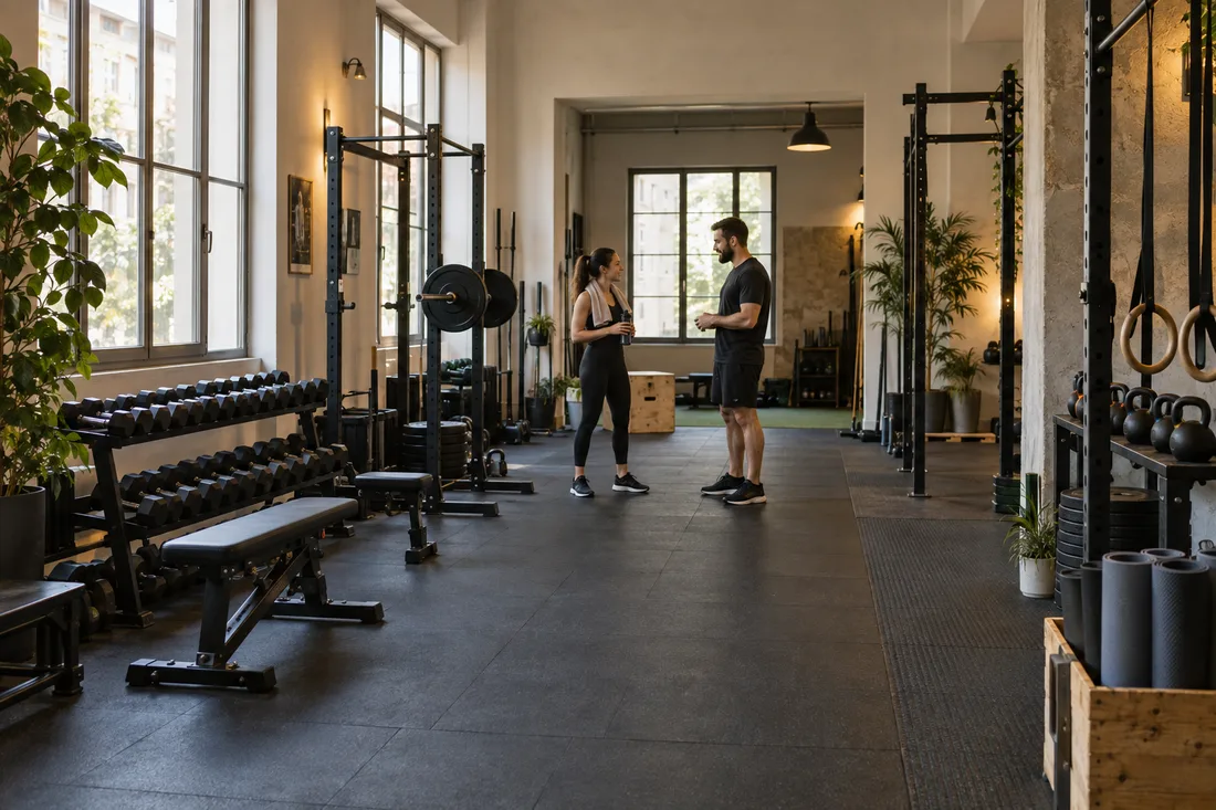 Sala luminosa con pesi, panche e spazio per l'allenamento funzionale